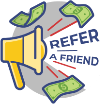 An illustration features a megaphone with "Refer a Friend" text, surrounded by dollar bills, evoking the dynamic energy of the Astar network.
