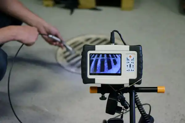 A person uses a video inspection camera to examine a drain grate. The camera screen displays a clear image of the grate's bars.