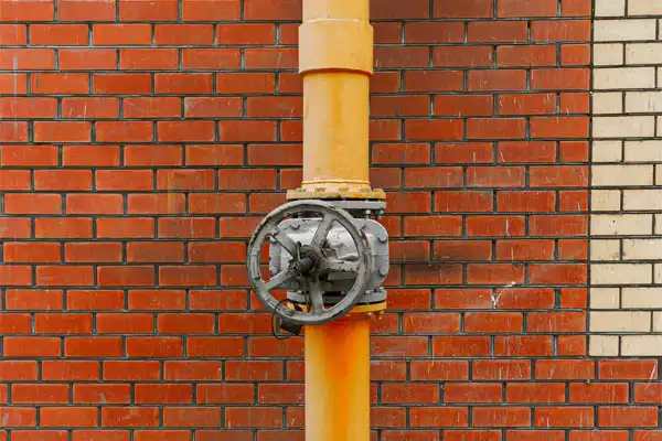 A yellow vertical industrial pipe with a large circular valve handle is mounted on a red brick wall.