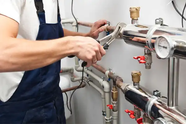 A person in overalls uses a wrench to adjust pipes connected to a heating maintenance system with gauges and valves.