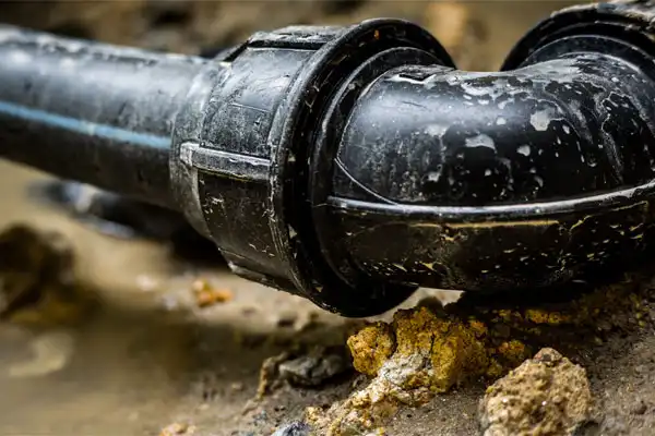 Close-up of a black, weathered pipe with an elbow joint, partially covered in dirt and mud, lying on rocky ground.