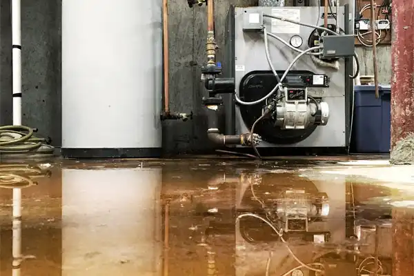 Flooded basement with water covering the floor, with visible water heater and various pipes and equipment.