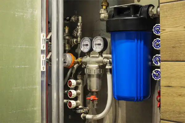 A water filtration system with gauges, pipes, and a large blue filter is installed inside a small cabinet.