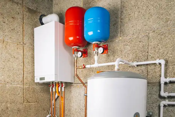 A boiler system with red and blue expansion tanks mounted on a wall next to a large cylindrical water tank with connected pipes.