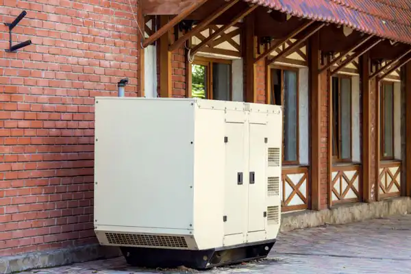 A large white outdoor generator is placed against a brick wall near a building with a tiled roof and wooden window frames.