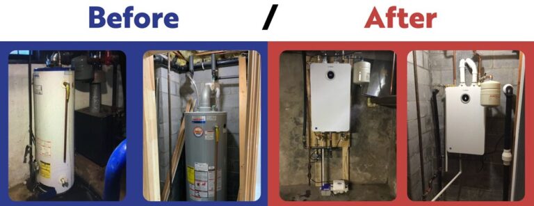 Before-and-after comparison of water heater systems. The left shows two older tank models, and the right shows two modern tankless units in the same location.